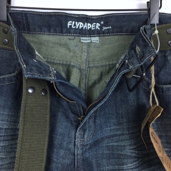 FLYPAPER Jeans Bootcut Distressed Dark Size 34 x 30 Short Inseam NWT Canvas Belt - Picture 3 of 9